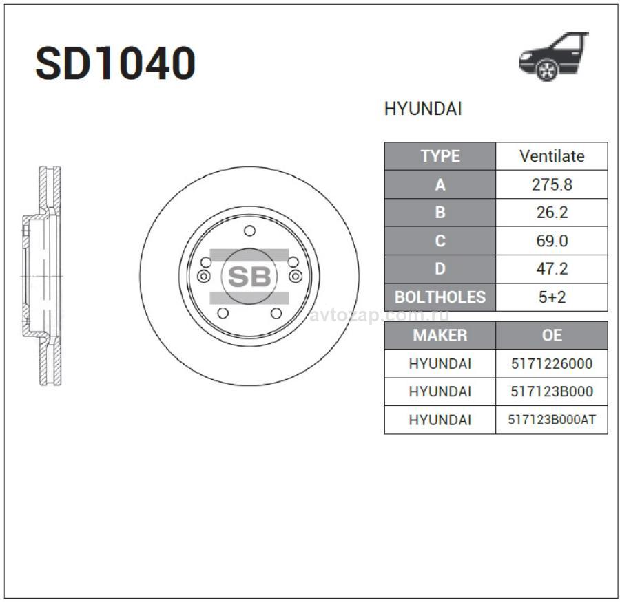 SANGSIN BRAKE SD1040 SD1040_диск тормозной передний!\ Hyundai Santa Fe/Trajet 2.0 00>