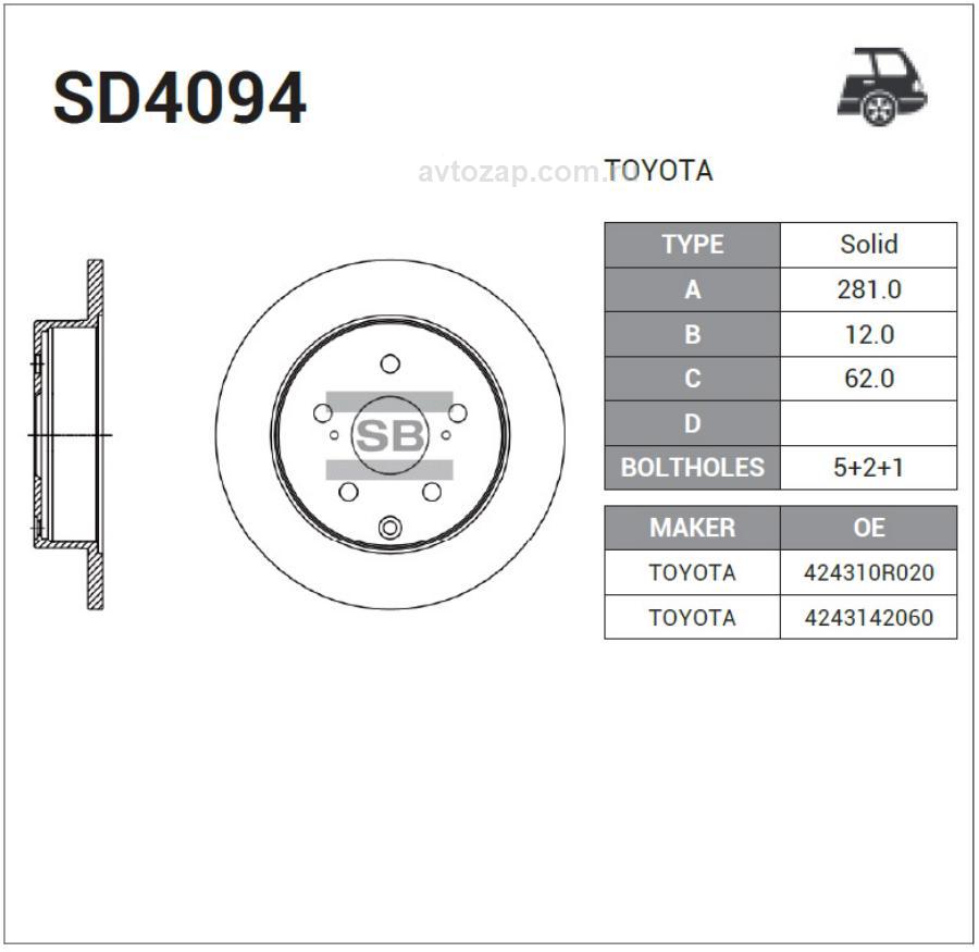 SANGSIN BRAKE SD4094 SD4094_диск тормозной задний!\ Toyota RAV4 2.0/2.2D 06>